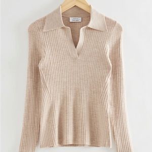 & Other Stories Paris Atelier Wool Blend Ribbed Polo Top Shirt Medium